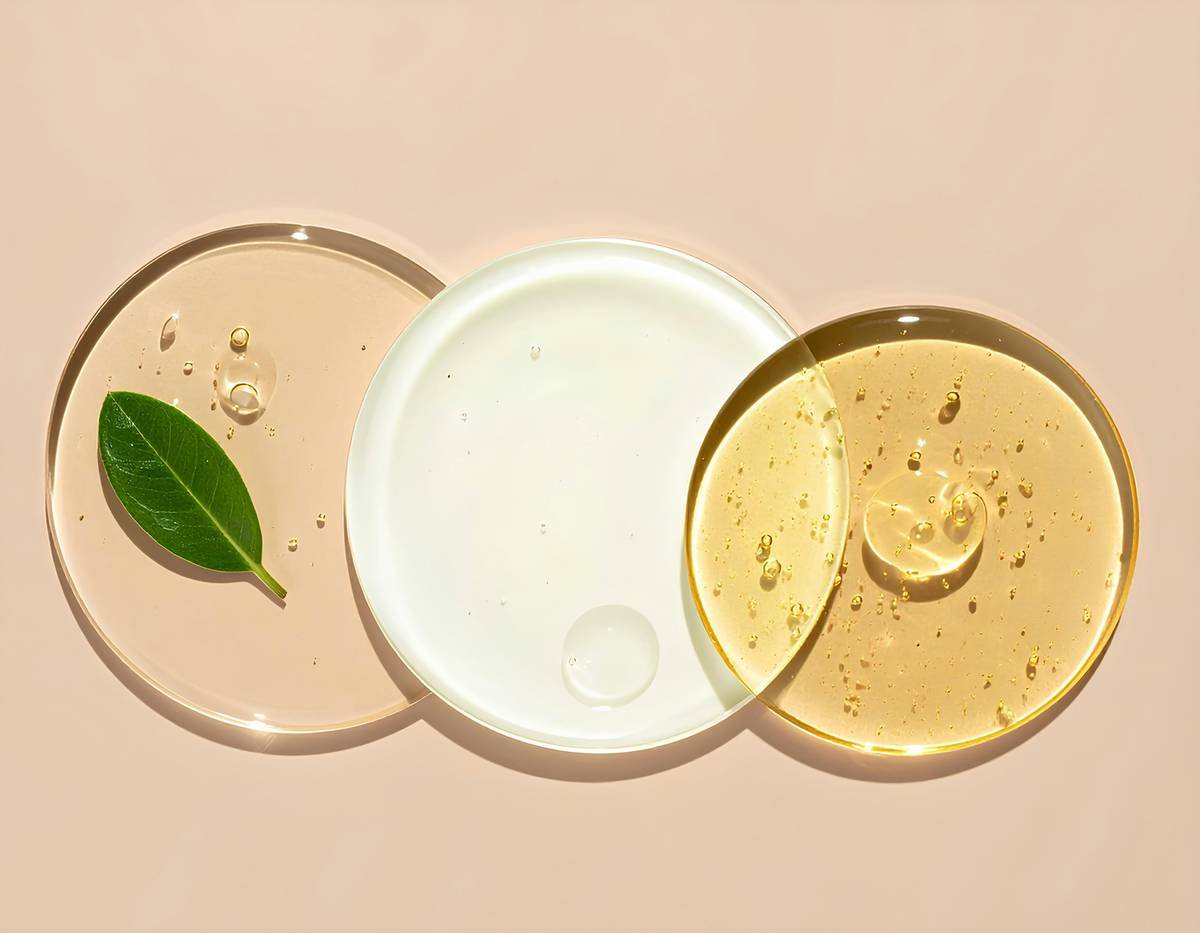 A minimal flatlay of skincare textures—gel, cream, and facial oil—on a soft beige background. Captured in natural light to highlight the smooth, glossy finish and clean beauty aesthetic.