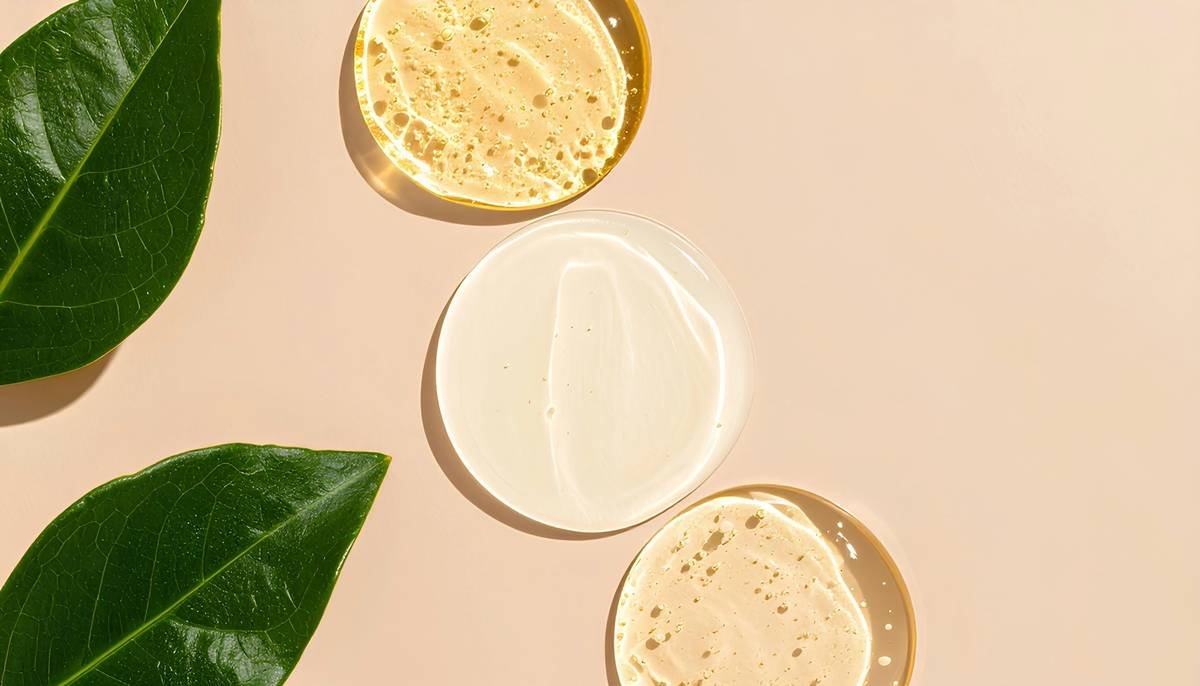 A minimal flatlay of skincare textures—gel, cream, and facial oil—on a soft beige background. Captured in natural light to highlight the smooth, glossy finish and clean beauty aesthetic.